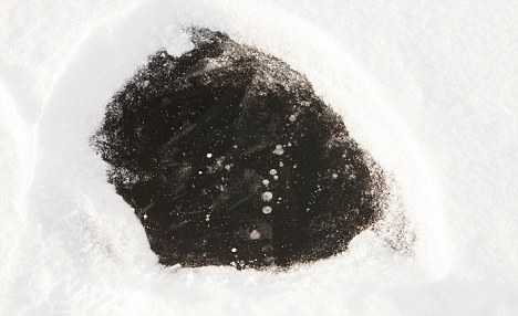 Methane bubbles trapped in ice: Normally, bubbles from the seabed turn into carbon dioxide before reaching the surface, but the East Siberian Arctic Shelf is so shallow the methane travels directly into the atmosphere
